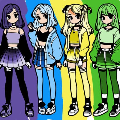 one girl with crop-top shirt and a jacket with a skirt, long socks and another girl with a shirt and pants with a jacket