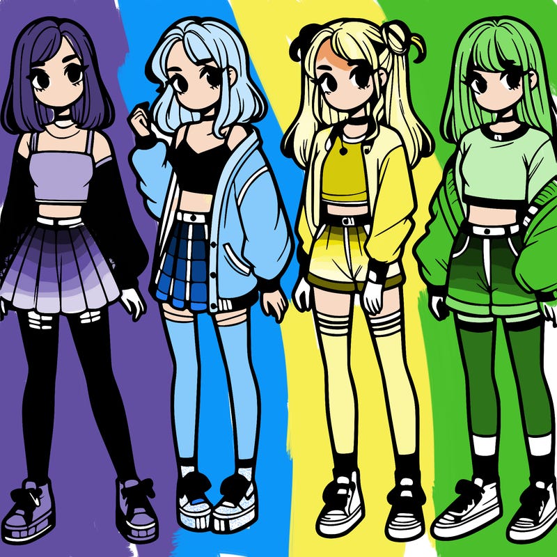 one girl with crop-top shirt and a jacket with a skirt, long socks and another girl with a shirt and pants with a jacket