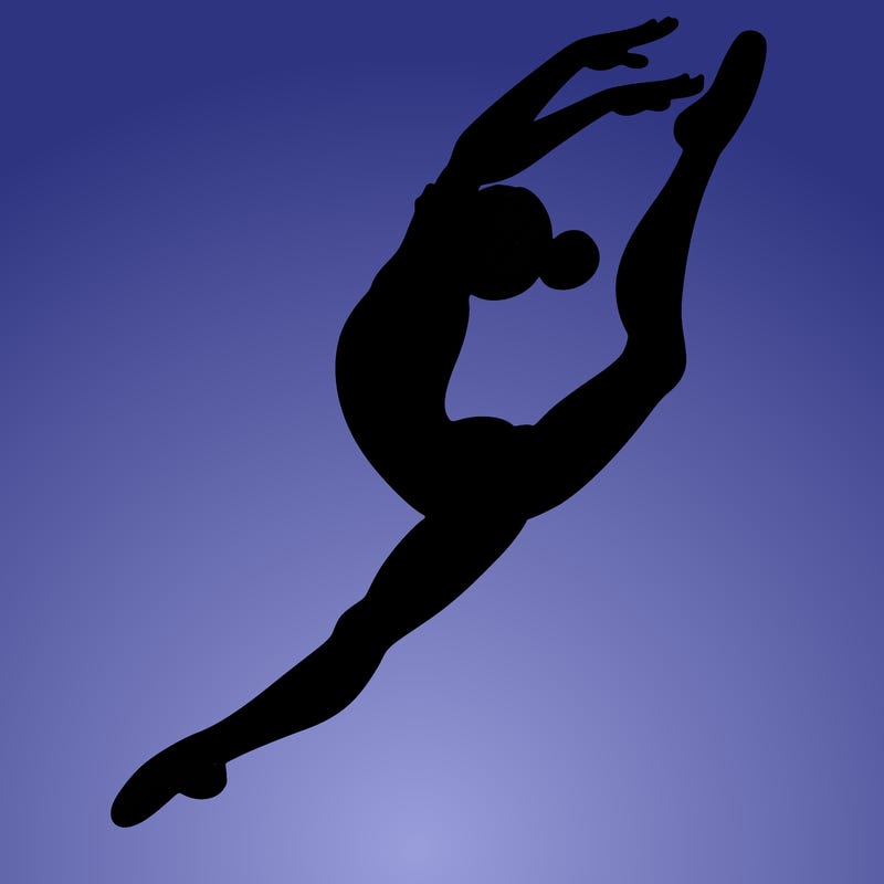 gymnast doing a leap in a leotard with a bent back leg
