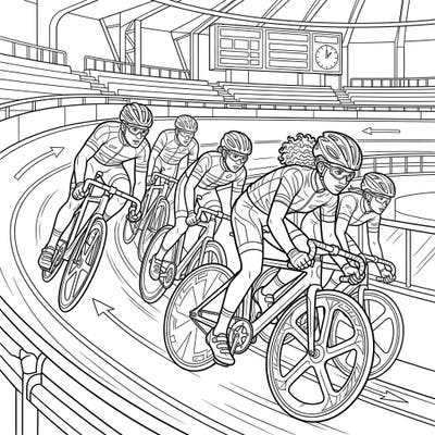 Experience the adrenaline of a track cycling race with this exciting coloring page designed for teens. Featuring five skilled cyclists speeding around a velodrome, it's a perfect blend of sport and art.