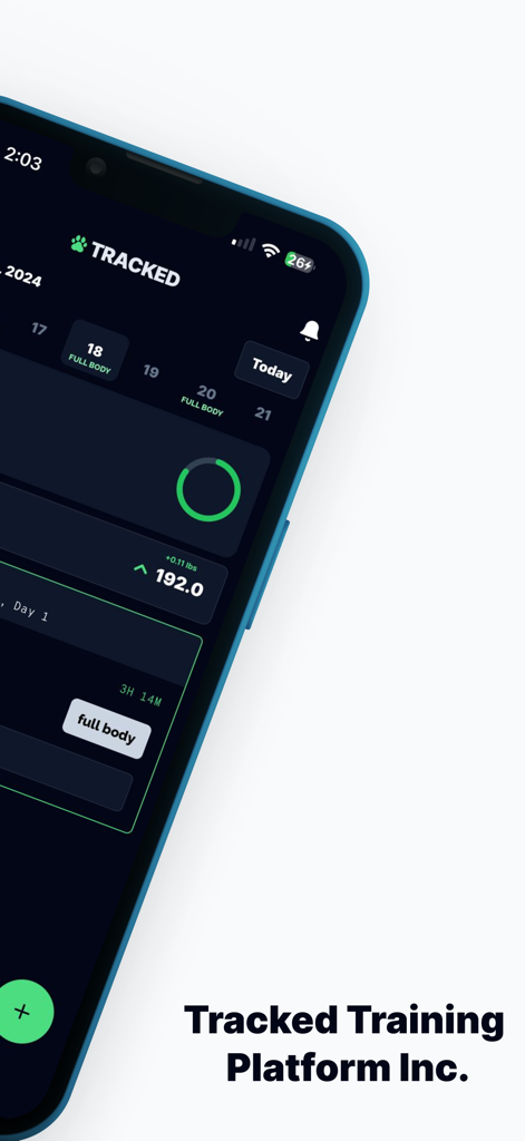 Tracked • Strength Training - Tracked app dashboard showing daily weight and full body workout logs