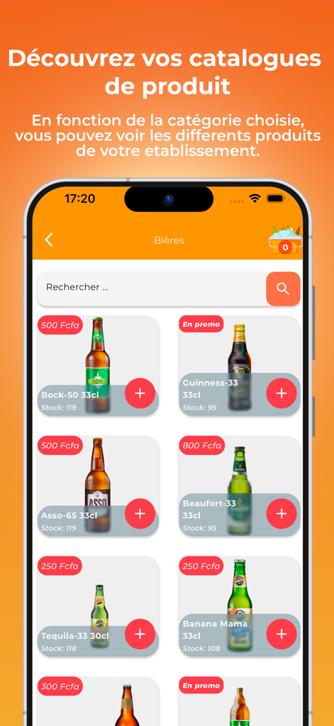 E-maquis: Serveur/Serveuse - E-maquis server app product catalog showing various beer options with prices and stock