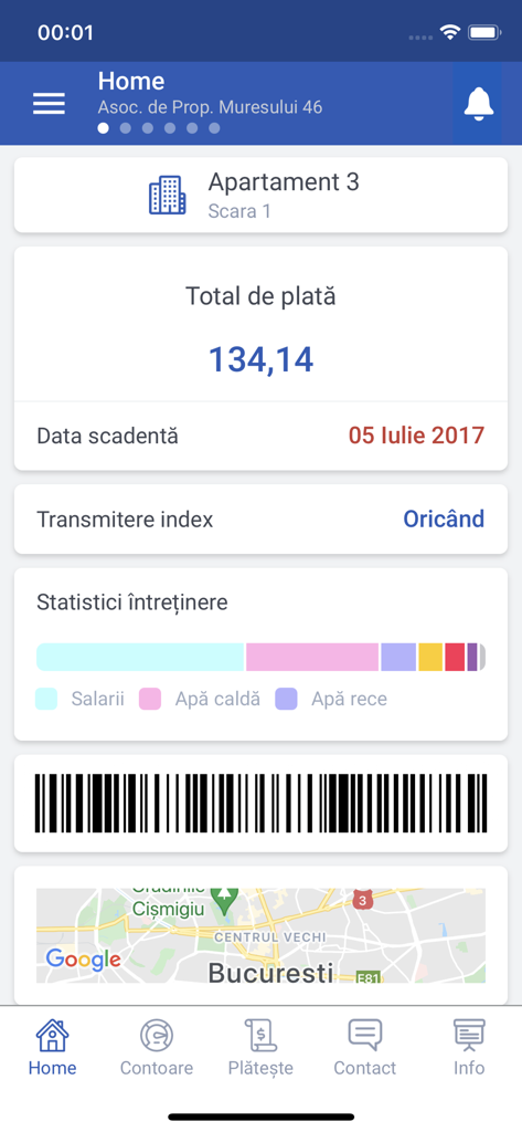 e-bloc.ro - Home screen of the e-bloc.ro app showing maintenance costs payment status and utility statistics for an apartment in Bucharest