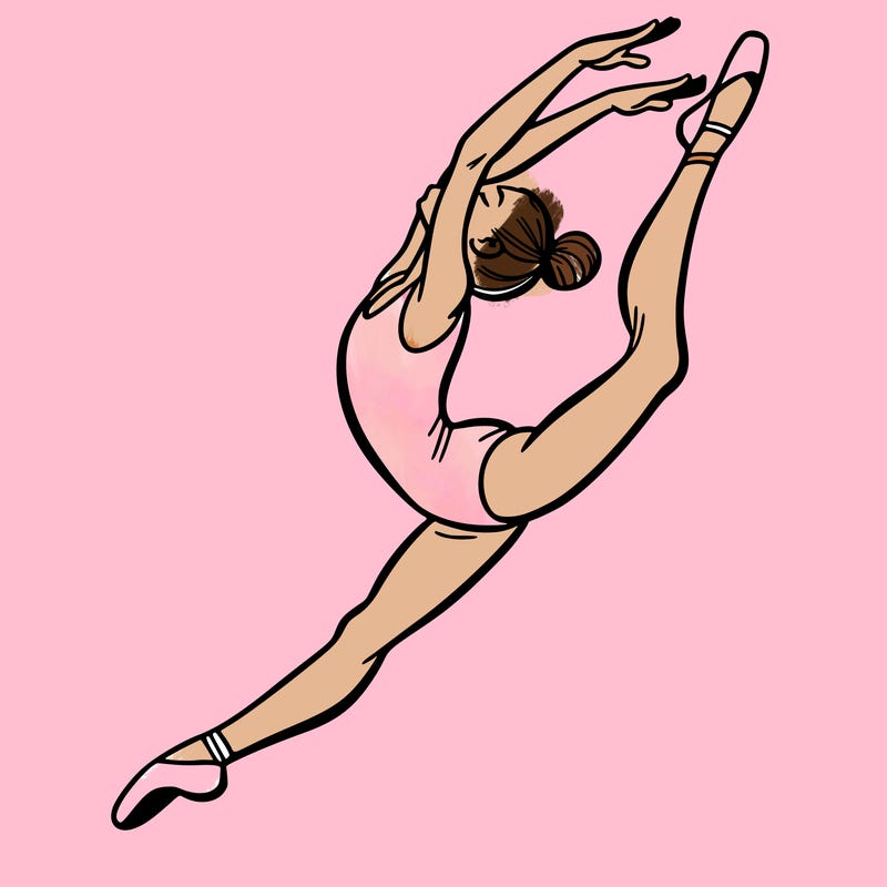 gymnast doing a leap in a leotard with a bent back leg