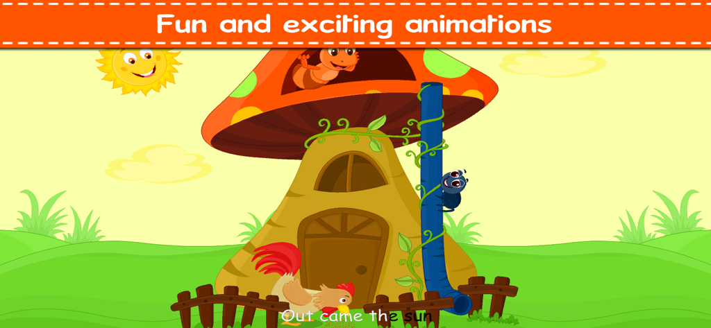 A colorful animation of the Itsy Bitsy Spider nursery rhyme with a smiling sun and a spider on a pipe