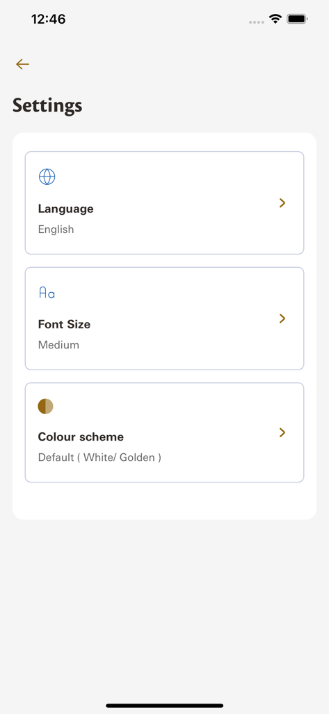 Settings screen of the UAE MOFA app showing options for language, font size, and color scheme.