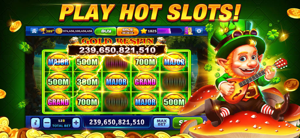 Un alegre personaje leprechaun sentado en una seta junto a una máquina tragaperras que muestra un enorme jackpot de respin de oro.