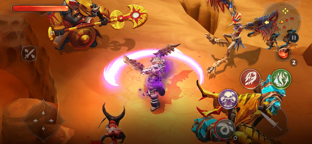 Action packed hack and slash combat featuring a hero performing a magical area attack against fantasy monsters