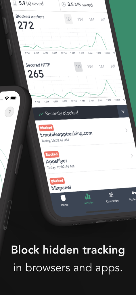 PrivacyPro SmartVPN & Firewall - PrivacyPro activity screen showing blocked trackers and data savings stats.