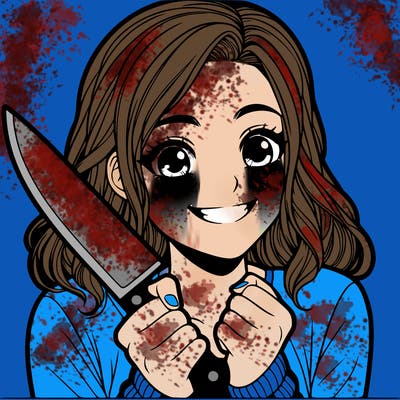 a realistic girl holding a knife and grinning