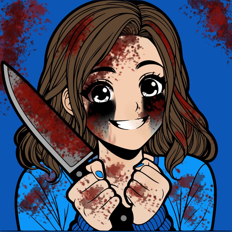 a realistic girl holding a knife and grinning