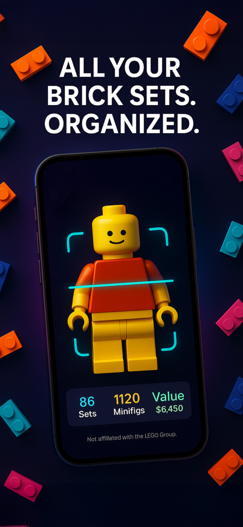 Smartphone displaying the Tracker for LEGO app interface showing collection value and organized sets surrounded by floating bricks.