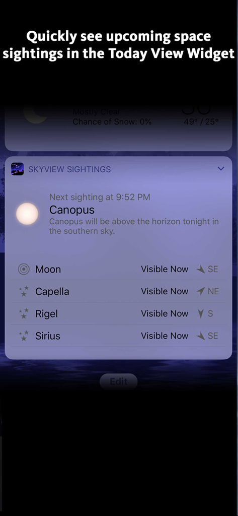 iPhone Today View Widget for SkyView showing upcoming space sightings for Canopus, Moon, Capella, Rigel, and Sirius.