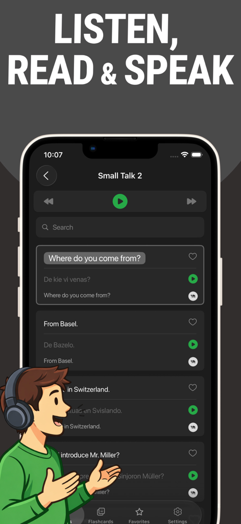 Interfaz de la aplicación Aprende Esperanto Lentil mostrando texto sincronizado con audio para frases de conversación informal.
