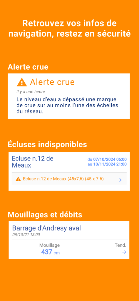 Écran de l'application Navi-VNF montrant les alertes d'inondation en temps réel et la disponibilité des écluses pour les plaisanciers en France.