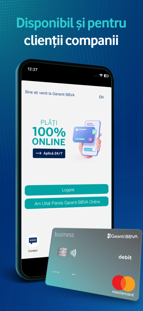Garanti BBVA Romania - Garanti BBVA Romania mobile app login screen featuring business banking services and a physical business debit card