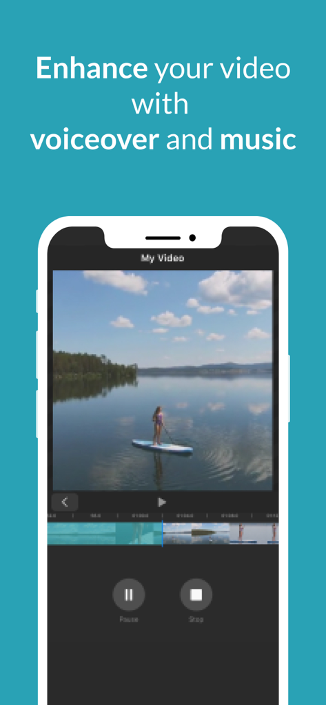 WeVideo - Video Editor & Maker - WeVideo app screen showing voiceover and music editing tools over a video clip