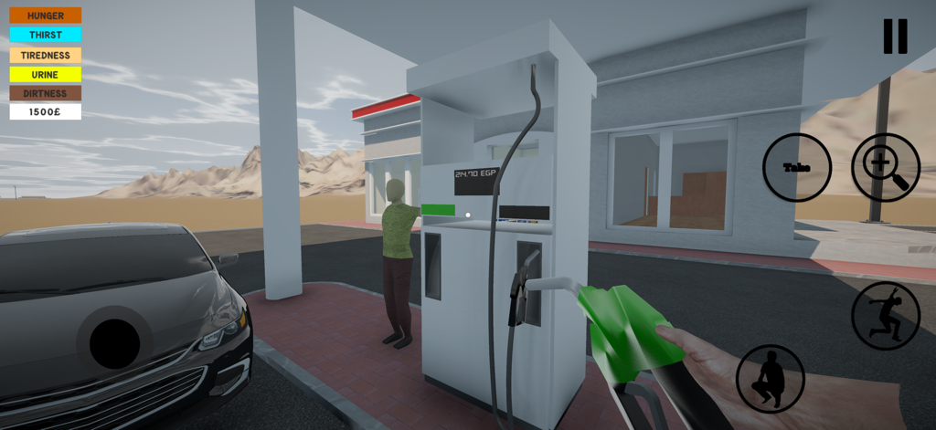 Egyptian Life - A first person gameplay view of refueling a car at an Egyptian gas station showing player stats for hunger and thirst