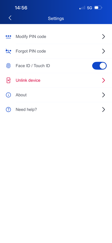 EU Login - Settings menu of the EU Login app featuring options for Face ID PIN code management and unlinking the device