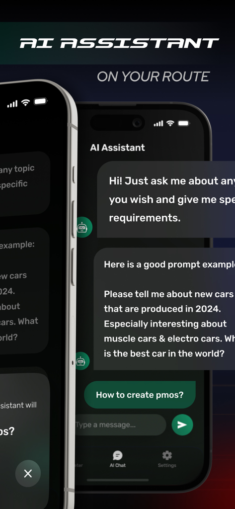 GPS Speedometer – MPH Tracker - GPSスピードメーターアプリのAIアシスタント機能を示すモバイルアプリ画面