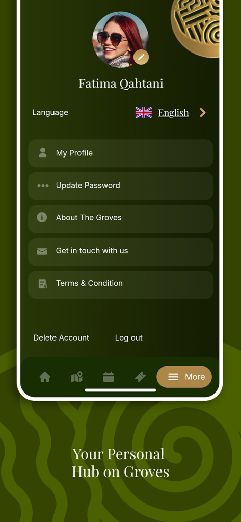 The Groves Entertainment - Mobile app interface showing the personal user hub on The Groves Entertainment app