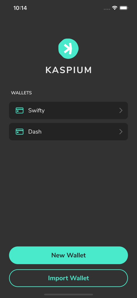 Interface de l'application Kaspium montrant plusieurs portefeuilles et des boutons pour créer ou importer un nouveau portefeuille
