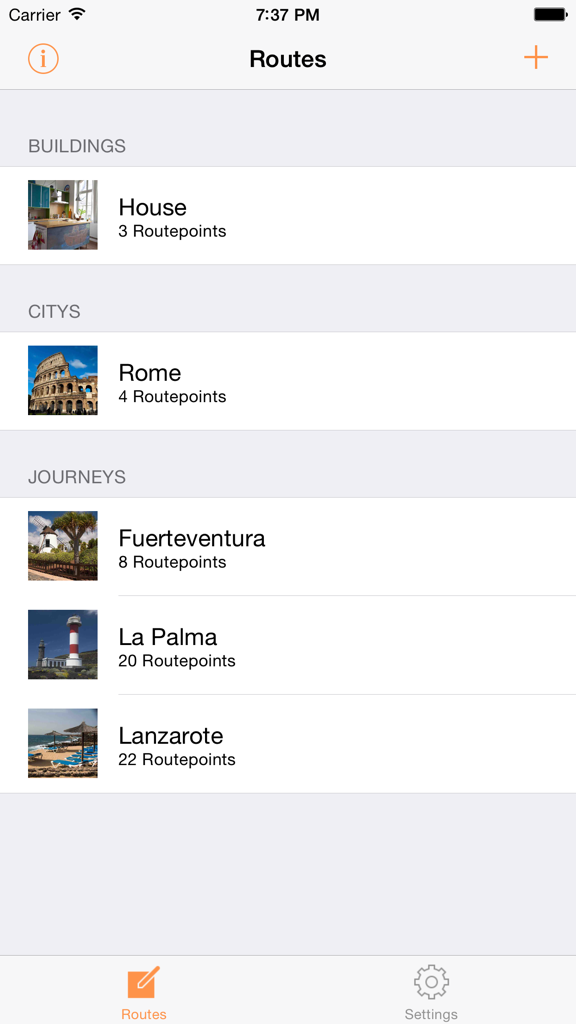 Mnemo Route App-Bildschirm, der Gedächtnispalast-Routen zeigt, kategorisiert in Gebäude und Städte.
