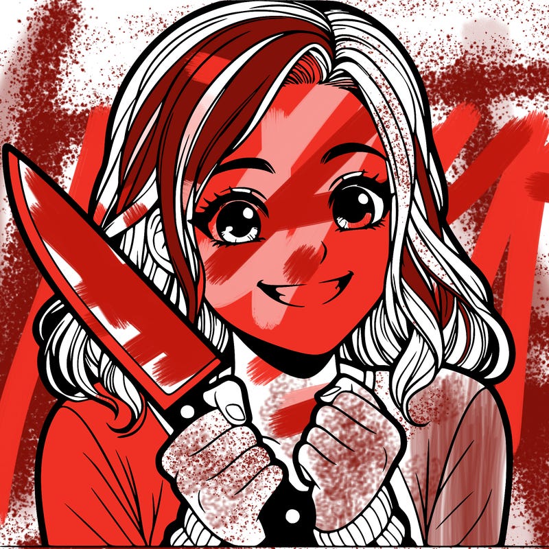 a realistic girl holding a knife and grinning