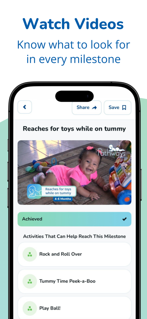 Pathways.org Baby Milestones - Screenshot of Pathways.org app showing a baby milestone video demonstration and developmental activities