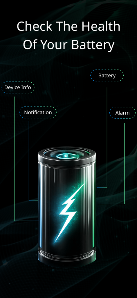 Battery Health - Charge Saver - Promotional screen for Battery Health app showing device info notifications and battery alarm features