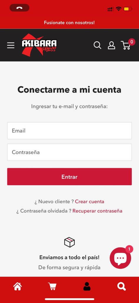 Akibara Xpress - Pantalla de inicio de sesión para la aplicación de compras de anime Akibara Xpress con campos de entrada de correo electrónico y contraseña en español.