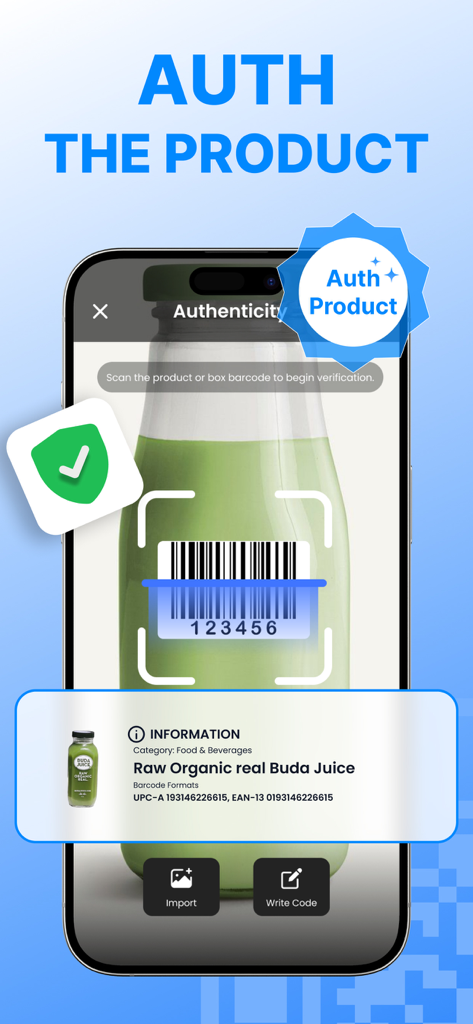 Scan QR Code - Barcode Reader - Tela de smartphone mostrando um aplicativo de scanner de código de barras verificando a autenticidade do produto para uma garrafa de suco