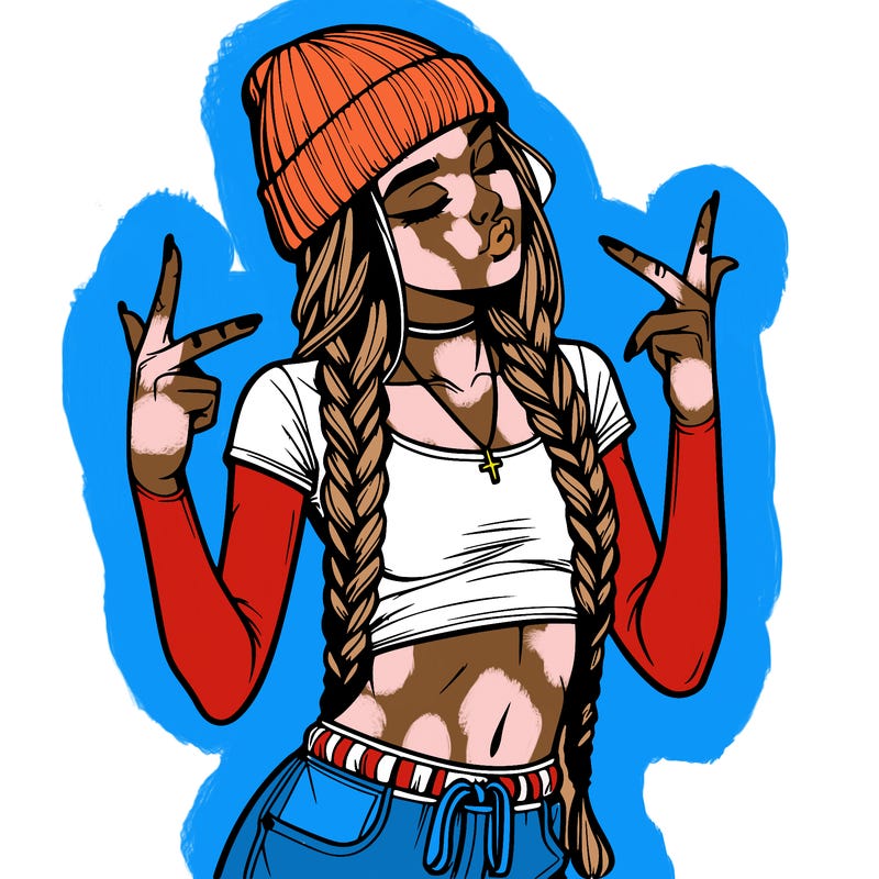 realistic teenage girl with braids and a beanie and crop top doing 🫶🏼