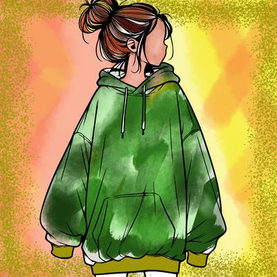 realistic girl with a oversized sweatshirt on and a bun