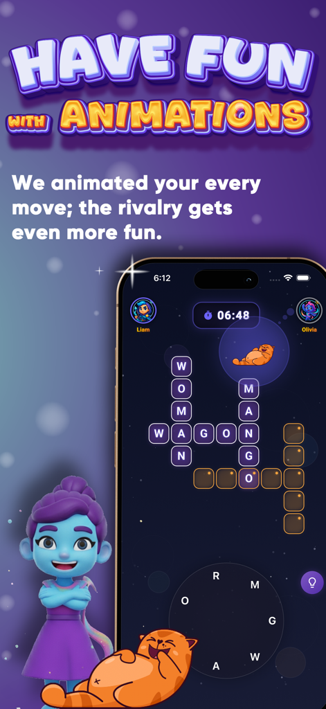 A gameplay screen of Word FaceOff showing an animated crossword puzzle duel with cute characters.