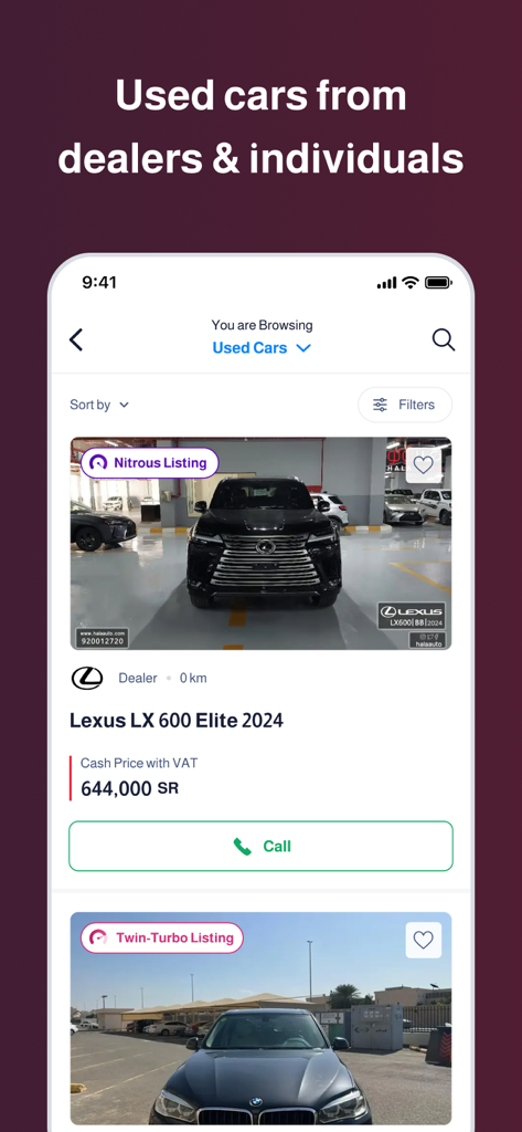Motory - Cars For Sale Online - A mobile app interface displaying a used Lexus LX 600 Elite for sale in Saudi Arabia with price and contact options