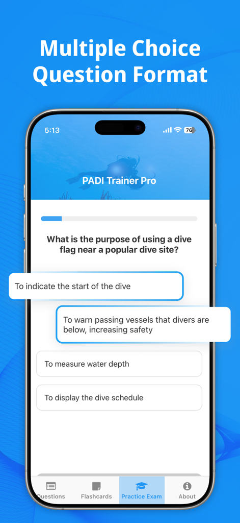 PADI Trainer Pro - La aplicación PADI Trainer Pro muestra una pregunta de opción múltiple para la preparación del examen de certificación de buceo.