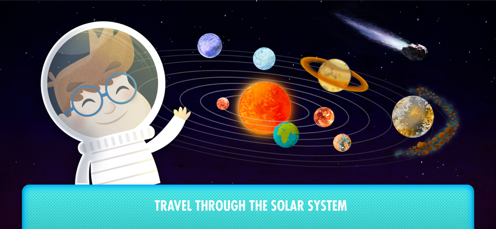 A cartoon astronaut next to the planets of the solar system