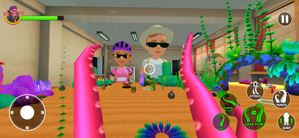 First person gameplay of Crazy Octopus Game showing pink tentacles and human characters in a room.