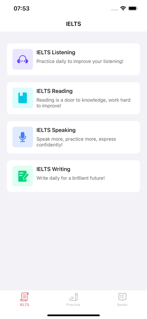 IELTS Practice | Test - Pantalla principal de la aplicación IELTS Practice con los cuatro módulos: Escucha, Lectura, Habla y Escritura.