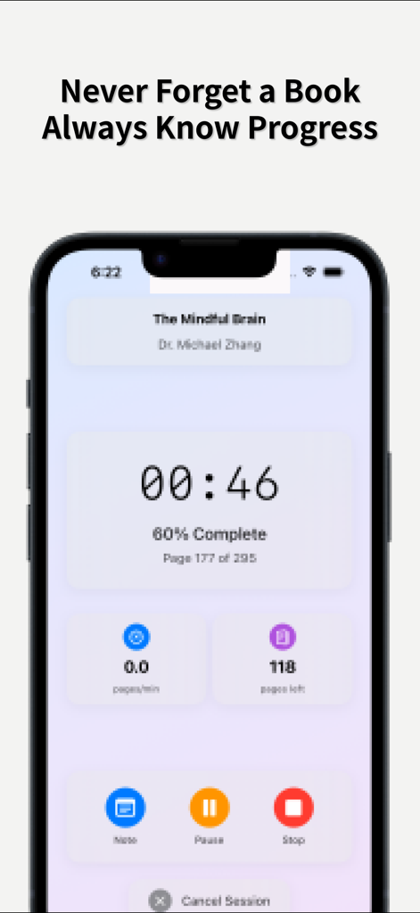 Read Progre ss: Book Journal - Tela do cronômetro de leitura no aplicativo Read Progress mostrando a porcentagem de progresso do livro e o tempo decorrido para uma sessão de leitura.