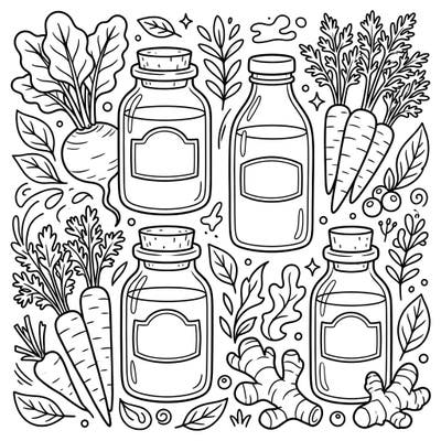 Dive into the vibrant world of healthy concoctions with this delightful root vegetable juices coloring page. Featuring a medley of nourishing ingredients like beets, carrots, and ginger, it's a perfect blend of fun and natural goodness.