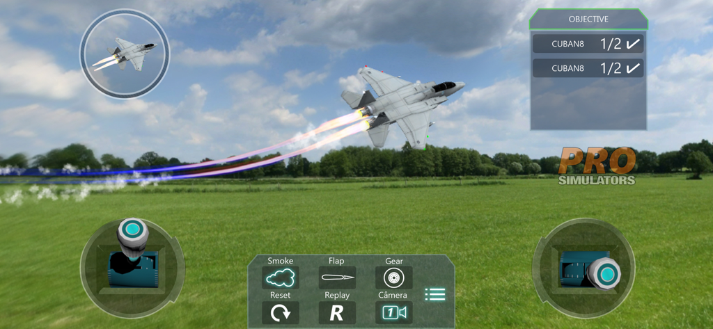 A fighter jet performing a maneuver with colored smoke trails in the RC Flight Simulator Pro Radio mobile game