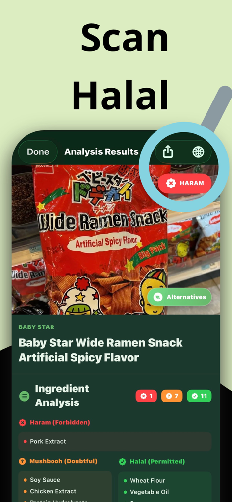 Captura de tela do aplicativo Halal Scanner mostrando um produto de lanche analisado como Haram devido a ingredientes de extrato de porco.
