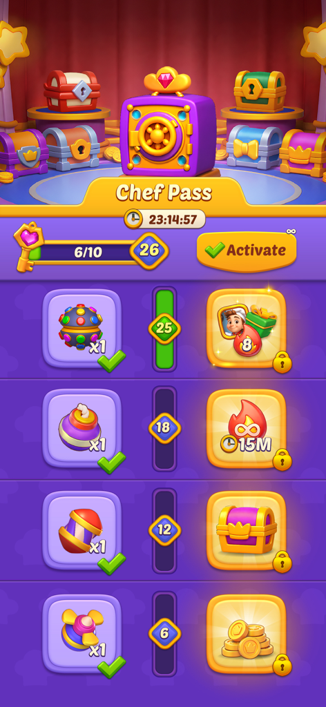 Chef Treat - Chef Pass reward screen in Chef Treat displaying unlockable boosters and treasures