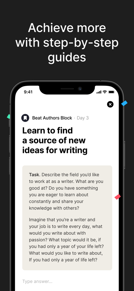Captura de pantalla de la aplicación Timestripe que muestra una guía educativa titulada Supera el bloqueo del escritor con una tarea de escritura y un campo de entrada en una pantalla de iPhone.