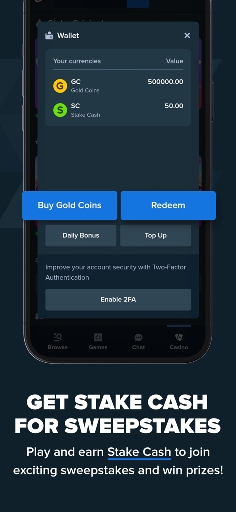 The Stake US app wallet interface showing Gold Coins and Stake Cash balances