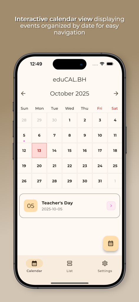 The eduCAL.BH mobile app displaying an interactive school events calendar view.