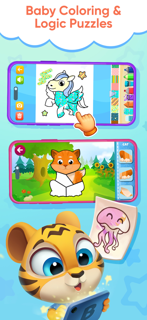 Preschool Games 2 4 Year Old - Captura de pantalla de la aplicación Binky Academy que muestra juegos de colorear y acertijos de lógica para preescolares.