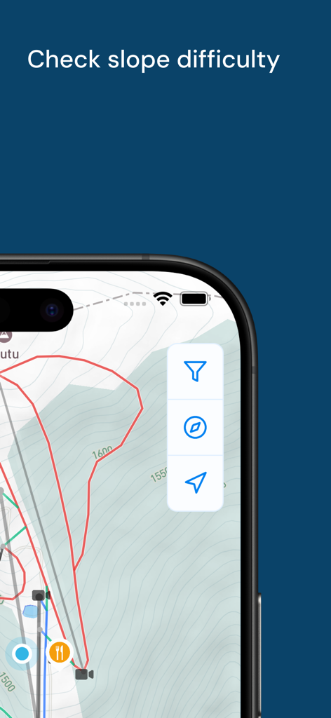 Skiro - Carte topographique interactive dans l'application Skiro affichant la difficulté des pistes de ski codée par couleur